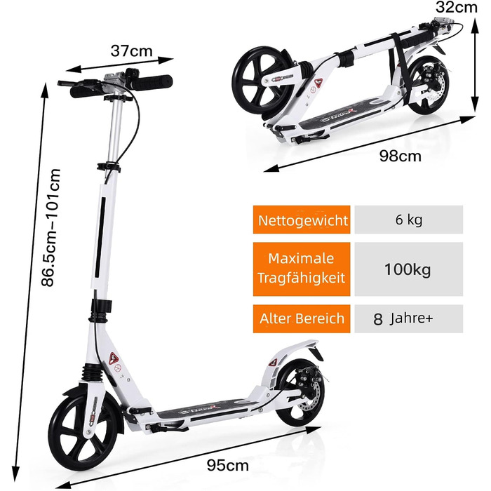 Самокат трюковий GYMAX, регульована висота, складний, 200 мм колеса, подвійне зчеплення, дзвінок, ремінь, до 100 кг, для дітей та дорослих (білий)