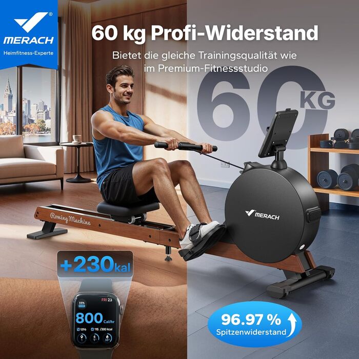Гребний тренажер MERACH для дому з магнітним опором 60 кг, автоматичною регулюванням, LED-дисплеєм та подвійними дерев'яними рейками (R21)