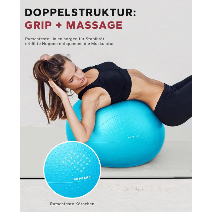 Гімнастичний м'яч HAPBEAR 55/65/75см - Анти-вибух, неслизький, з масажними попками, товстий PVC, до 200кг, комплект з насосом та гумками для фітнесу, офісу та йоги (Хмарно-блакитний, XL)