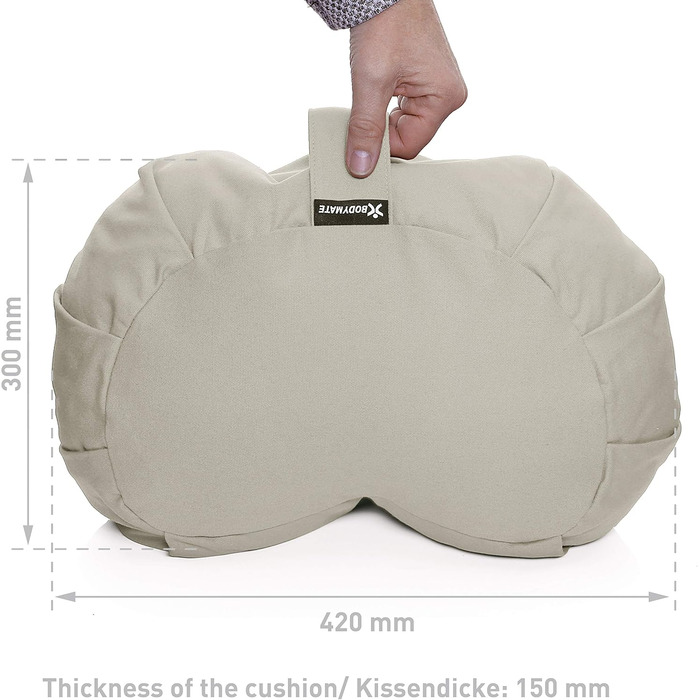 Подушка для йоги BODYMATE Halbmond 42x30x15 см, сіра, з гречаним лушпинням, знімний чохол з бавовни