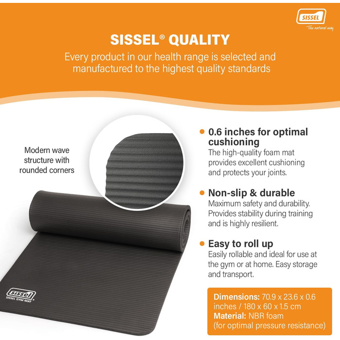 Килимок для фітнесу та йоги SISSEL® 1,5 см | Не слизький, безпечний для шкіри | З оптимальною амортизацією | Легко згортається | Розміри: 180x60 см, Антрацит