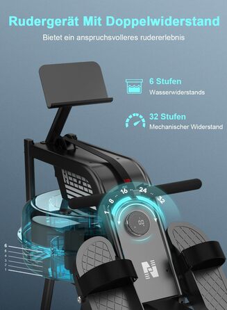 Веслувальний тренажер Neezee для дому, водний, з Bluetooth-монітором і тримачем для планшета, макс. вага 150 кг, вертикальне зберігання, транспортувальні колеса