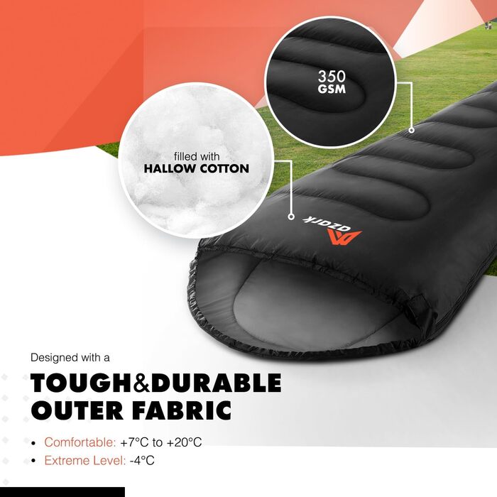 Сплячий мішок Azark Premium, 350 г/м², легкий та водонепроникний, для 4 сезонів, кемпінг, туризм, відпочинок на природі, дорослий та дитячий, чорний