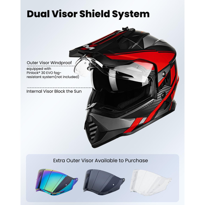 Мотошолом IL Dual Sport Adventure WS902 з сонцезахисним візором, Pinlock, для ендуро, ATV, кросу, ECE, червоний-чорний, розмір L
