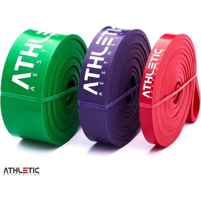 Преміум фітнес-резинки ATHLETIC AESTHETICS для тренувань, набір 3 шт. (червона, фіолетова, зелена) + PDF гід