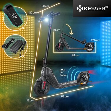 Електросамокат KESSER з дозволом для доріг, 40 км, складаний, 36V/10Ah, до 120 кг, мотор 450W, 10'' колеса, LCD-дисплей, тримач для смартфона