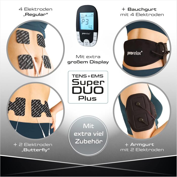 Prorelax TENS/EMS Duo Comfort Blackline: електростимулятор для м'язів та зняття болю | 2 терапії в одному приладі | З підсвічуваним дисплеєм