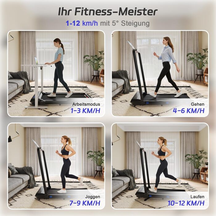 JUMMICO Ходункова доріжка для дому, складана, з робочим столом, ширина доріжки 40 см, швидкість 1-12 км/год, тримач для планшета, з додатком та магнітною пульт дистанційного керування