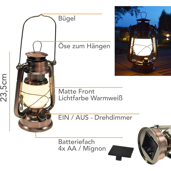 Ліхтар кемпінговий LED ChiliTec 23 см, регулювання яскравості, вінтажний дизайн, мідь