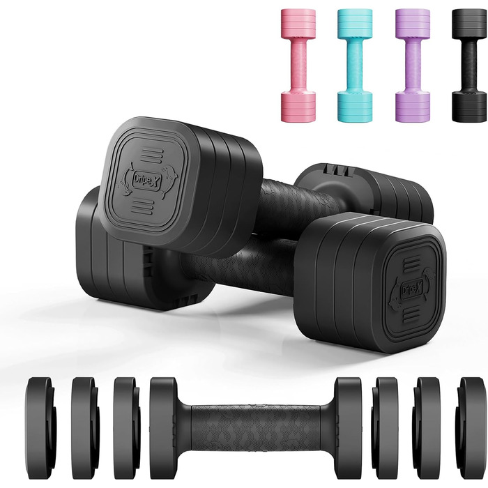 Набір гантелей Dripex регульовані 5 кг x2 або 2.5 кг x2, 6 шматків з регулюванням ваги 0.5 кг/0.25 кг (чорний)