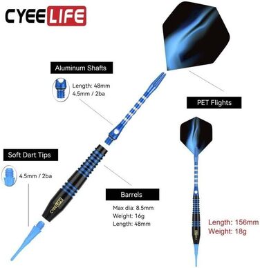 CyeeLife Дартси з пластиковим наконечником, 12 шт. Набір м'яких дартсів для електронної мішені, 16 додаткових оперень, 100 змінних пластикових наконечників, 2 протектори для оперень