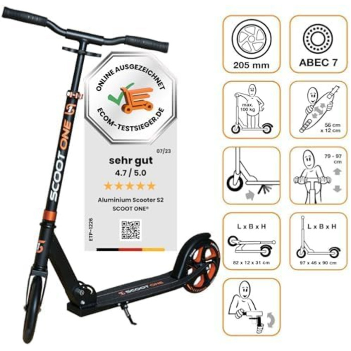 Алюмінієвий самокат S 1 / S 2 – регульований по висоті, ABEC 7, помаранчевий