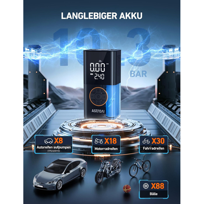 AstroAI Бездротова електрична повітряна помпа, портативна акумуляторна помпа для велосипеда з LED-ліхтариком, для велосипеда, електробіка, авто, мотоцикла, м'ячів (чорний)