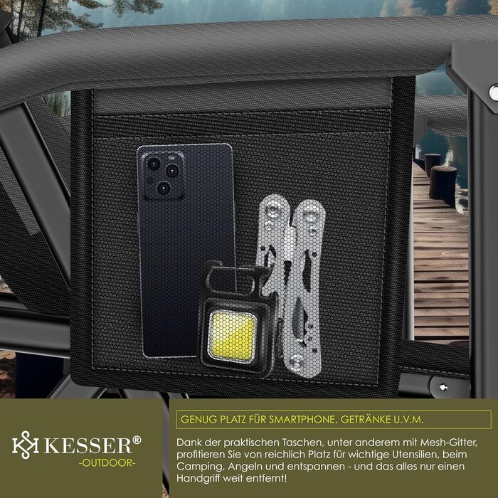 Крісло для кемпінгу KESSER® розкладне, до 160 кг | Рибальське крісло, з підлокітниками, кишенею для напоїв та світлом | Зручне крісло для пляжу та відпочинку на природі (Антрацит/Чорний)