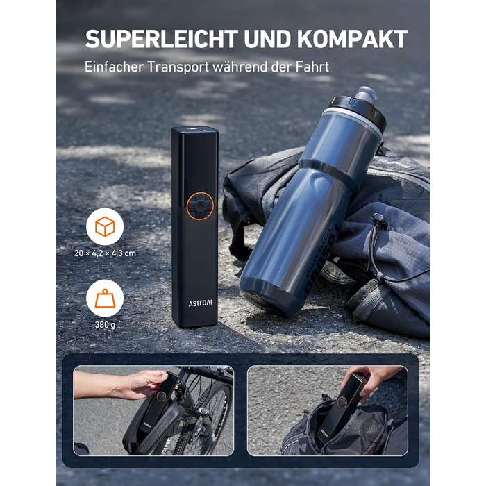 AstroAI Електрична велосипедна помпа, 150 PSI, портативна, акумуляторна, універсальна, для всіх типів велосипедів, з високопродукним мотором, перезаряджається, для міських, шосейних та гірських велосипедів, помаранчевого кольору