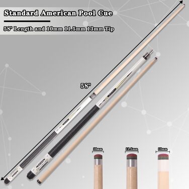 Більярдні киї з канадського клена, 147.3 см, 2 частини. Кий для пулу з низьким перехідником, для дому та барів. Різні діаметри наконечника: 10 мм/11.5 мм/13 мм.