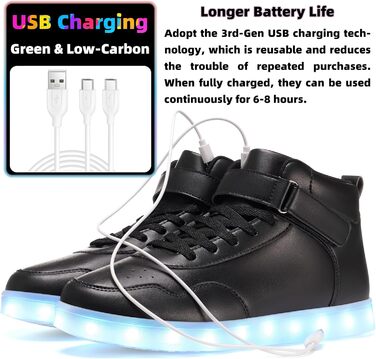 APTESOL LED кросівки високі, світлодіодні, USB зарядка, чорні, для жінок та чоловіків (37 EU)