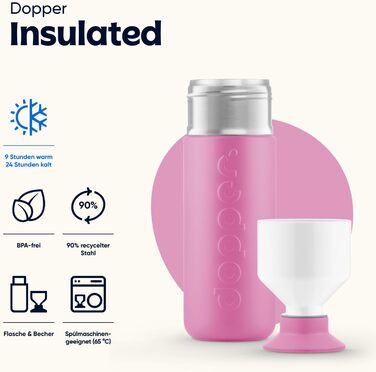 Індивідуальна термобутилка Dopper Insulated 580 мл з нержавіючої сталі, рожевий — термос для води, кави, чаю, подвійні стінки, не протікає, зберігає холод до 24 годин, тепло до 9 годин