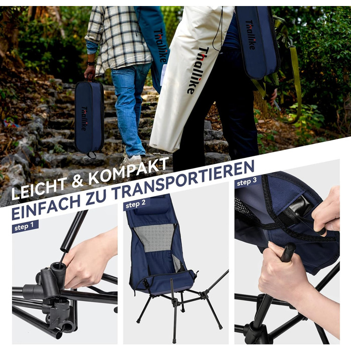 Складний туристичний стілець Hochlehner з підголівником, 150 кг, ультралегкий, портативний, для кемпінгу, риболовлі, пляжу, відпочинку на природі та піших прогулянок (Indigoblau)