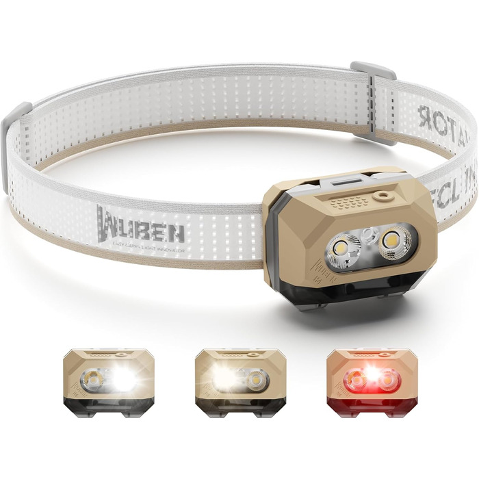 WUBEN H4 - ліхтарик на лоб LED, 800 люмен, водонепроникний IP68, 10 режимів, червоне світло, сенсор руху, для кемпінгу, риболовлі та походів (Хакі)