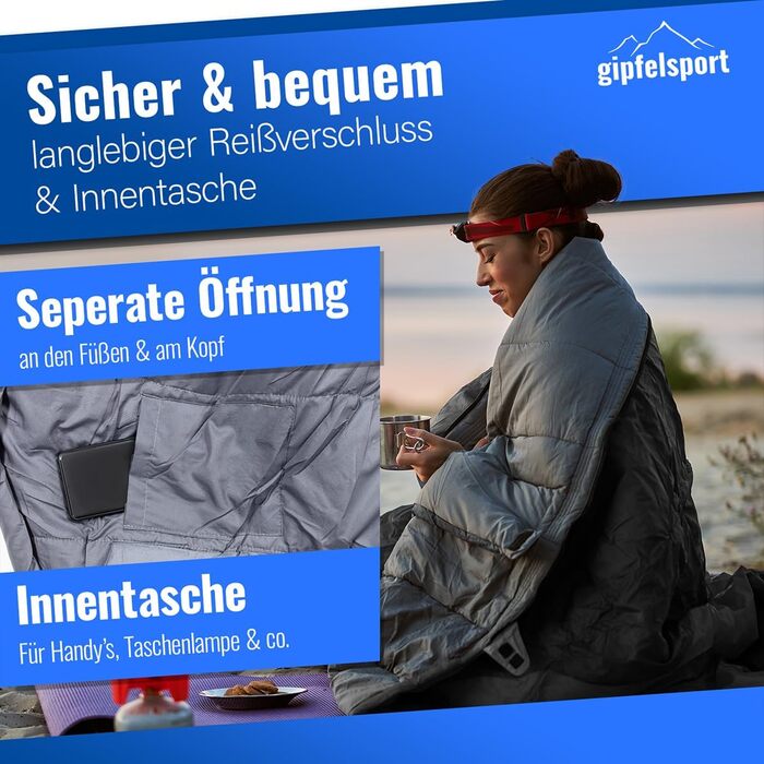 Сплячий мішок Gipfelsport Ultraleicht 4 сезони [-20°C - 15°C] | Ultralight, -5°C, для кемпінгу, трекінгу та подорожей (синій/чорний)