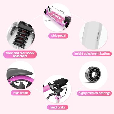 MEE GOO Скутер для дорослих – роликовий самокат з дисковими гальмами та подвійними амортизаторами, 200 мм PU-колеса, підшипники ABEC-7, протиковзне покриття (Рожевий/Білий/Синій) – Макс. 100 кг (РОЖЕВИЙ)
