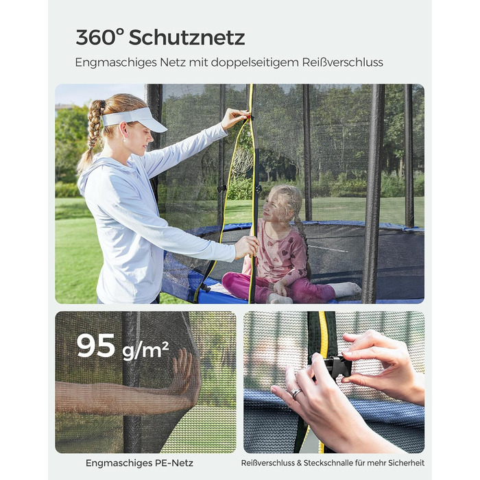 Батут SONGMICS Outdoor Ø 183/244/305/366/427 см, круглий, для саду, з захисним покриттям, сіткою, сходами та м'якими стійками. Кольори: блакитний