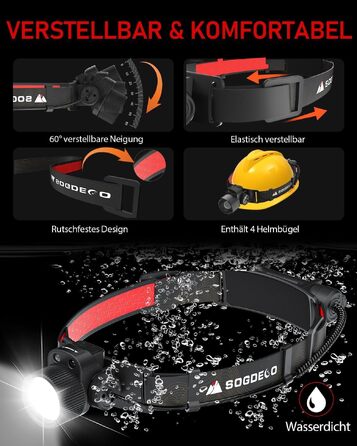 Налобний ліхтарик Sogdeco LED 5000Лм, акумулятор 5000мАг, USB-зарядка, водонепроникний IP68, з сенсором та червоним світлом, для кемпінгу та виживання, чорний