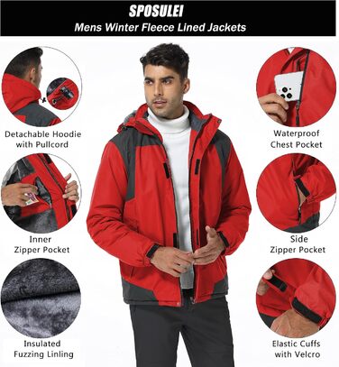 SPOSULEI чоловіча флісова куртка на зиму, тепла, з підкладкою, для катання на лижах, для активного відпочинку, вітронепроникна, водонепроникна, з капюшоном, червона