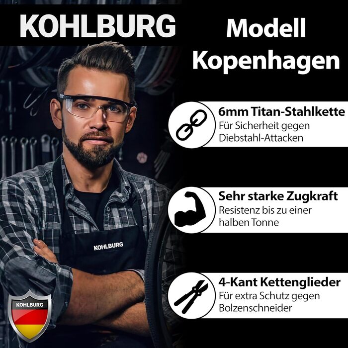 Ланцюговий замок для велосипеда та електросамоката KOHLBURG, сталь Titan-Stahl, 103 см, 6 мм, високий рівень захисту (комплект 3 шт.)