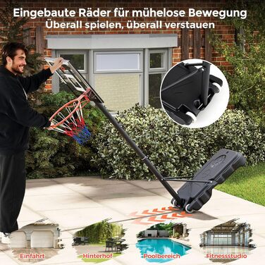 Кош для баскетболу Costway Outdoor, регульована висота 155-210/170-230 см, мобільна баскетбольна установка з роликами, для дітей та юнаків 100-212 см