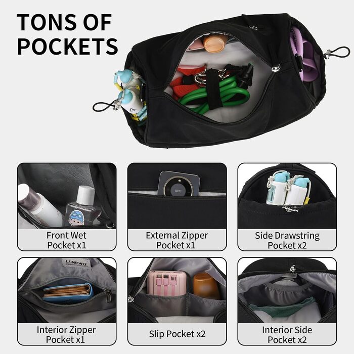 Спортивна сумка 11Л для фітнесу та йоги, водонепроникна сумка для тренувань з відділенням для мокрих речей та ременем для килимка, компактна дорожня сумка-вікенд для залу, басейну та сауни (Чорна)