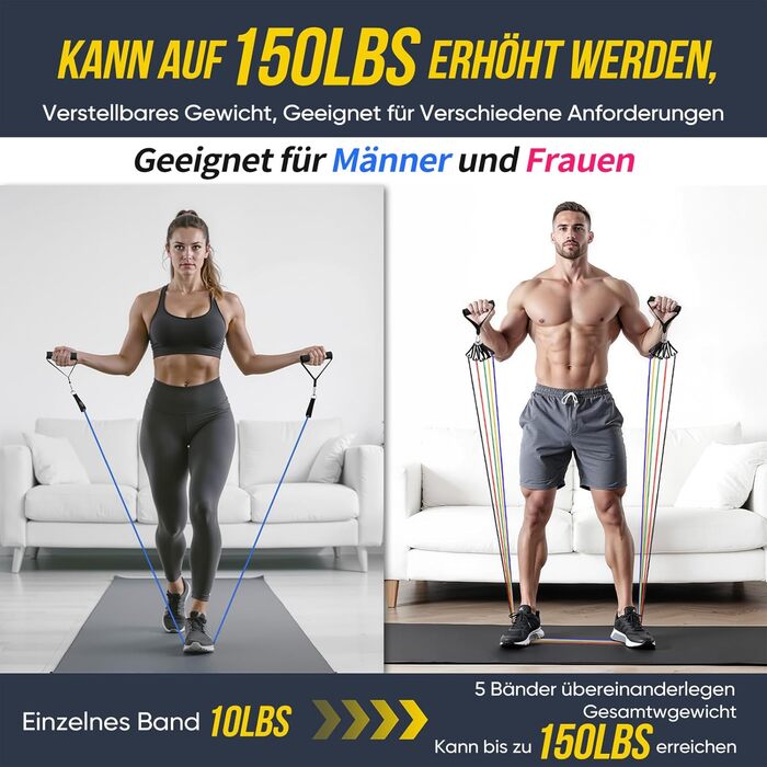 Набір еластичних стрічок для фітнесу Fokky Fitnessbänder Resistance Bands Set, 5 стрічок різної міцності, з анкерами для дверей, ручками та кігтями, для пілатесу, силових тренувань, чорний, червоний, синій, зелений, жовтий