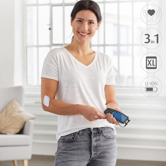 Medisana TT 205 TENS/EMS: електростимулятор для зняття болю та розслаблення м'язів. Комплект з 4 електродними подушечками. Тренувальний пристрій для нарощування м'язів.