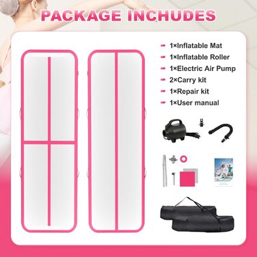 Airtrack мат для гімнастики 10 см, 3м/4м + повітряний рол 100x60см, електричний насос (Рожевий, 300x100x10см + 100x60см)