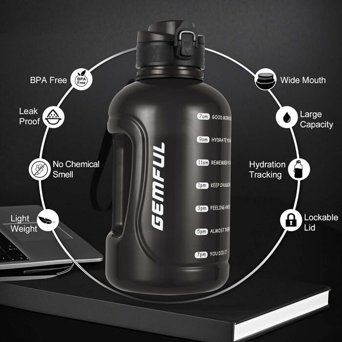 Пляшка спортивна GEMFUL 3л з міткою часу, соломинкою та ручкою, сіра. BPA-free, герметична, для фітнесу, тренувань та активного зволоження.