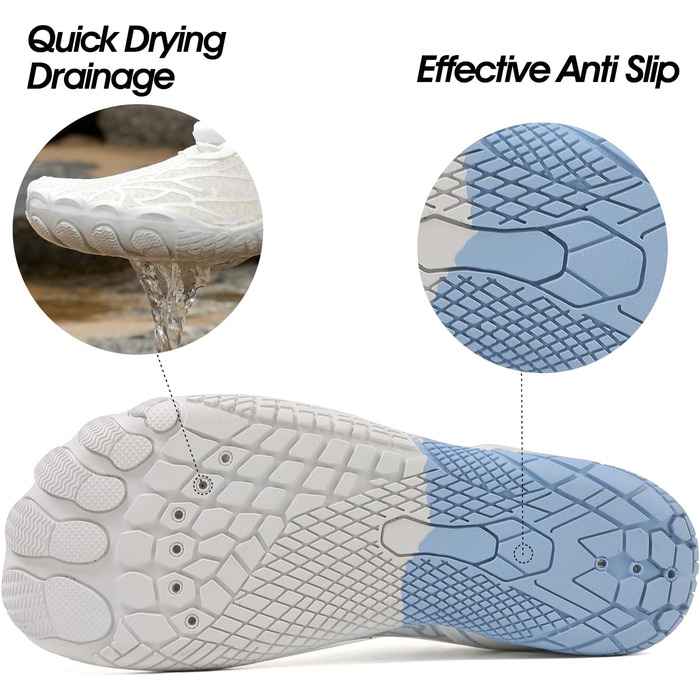 Взуття для плавання, водяні черевики для жінок, п'ятипалі, неслизька підошва, швидке висихання, дренажна система, легкі босижні черевики для багатоцільових активностей, білий/блакитний, 36-47 EU, Whiteblue 811 42 EU