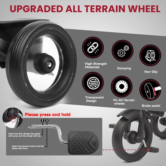 Дитяче трьохколісне велосипед UBRAVOO 7-в-1, для дітей від 6 місяців до 5 років, з фарами, педальним гальмом, розширеним козирком, знімним захистом, прогулочний візок з функцією ходьби та кермування, чорний