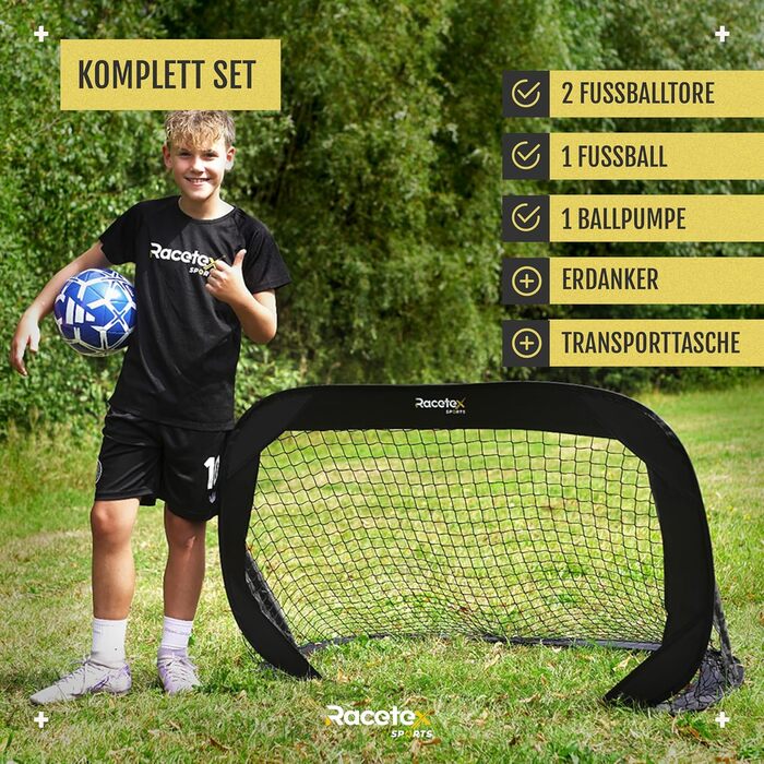 Дитячі футбольні ворота для саду – 2 шт. з посиленими штангами з скловолокна. Комплект включає м'яч, насос, ґрунтові анкери та сумку для транспортування. Чорні ворота для футболу для дітей