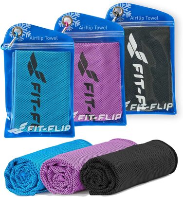 Охолоджувальні рушники Fit-Flip 3 шт. – для фітнесу та спорту – мікрофібра, рушник для шиї – Airflip, рушники Cool Ice Towel, 100x30 см, 3 шт. (чорний, синій, фіолетовий)