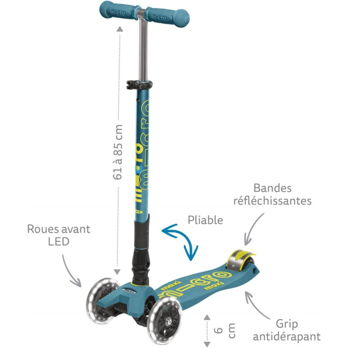 Дитячий самокат Micro Kickboard Maxi Deluxe, складаний, 3 колеса, LED підсвітка, швейцарський дизайн, для дітей 5-12 років, сірий