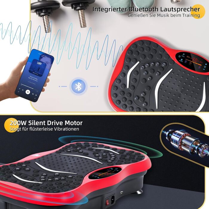 Вібраційна платформа EVOLAND з 5 програмами тренувань, Bluetooth, стрічки опору для всього тіла - червона