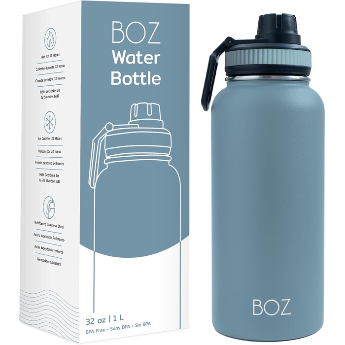 Термос-пляшка BOZ з нержавіючої сталі, вакуумна, широка горловина, BPA-free, спортивна пляшка 1 л, для води гарячої та холодної, синя для фітнесу