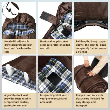 Сплячий мішок GEERTOP XXL 4 сезони, фланель, 220x100 см, для дорослих, кемпінг, подорожі, туризм (колір: коричневий)