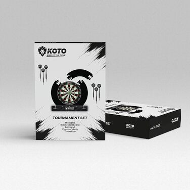 KOTO Турнірний набір для дартсу (офіційні розміри), дротяна мішень Bristle, 4 захисних кільця, 2 комплекти дротиків 23 г, кріплення, лінія для кидків