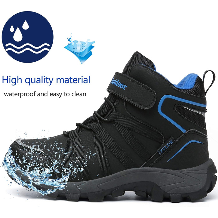 Дитячі зимові черевики: зимові черевики, черевики для хайкінгу, снігоступи для хлопчиків та дівчаток, з теплим підкладкою, водонепроникні, бавовняні черевики, черевики для трекінгу, снігоступи з застібкою-липучкою, розмір 37 EU, чорний, синій