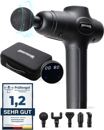 Електрична масажна пістолет SPORTINATOR Level Up, з насадками, чохлом, USB-C, LCD-дисплеєм, чорна