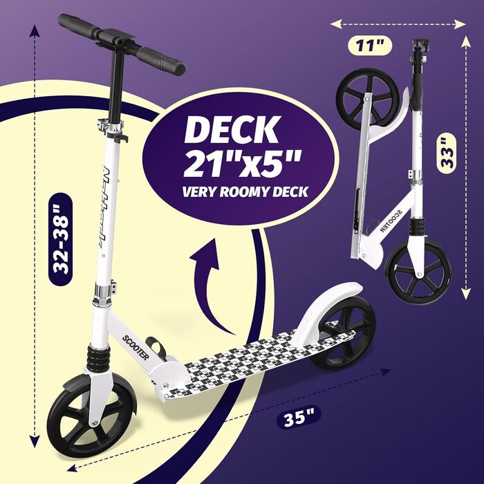 Nattork 8-дюймовий самокат з міцними колесами для підлітків та дорослих - 100 кг, амортизатор переднього колеса та регульоване кермо (білий)