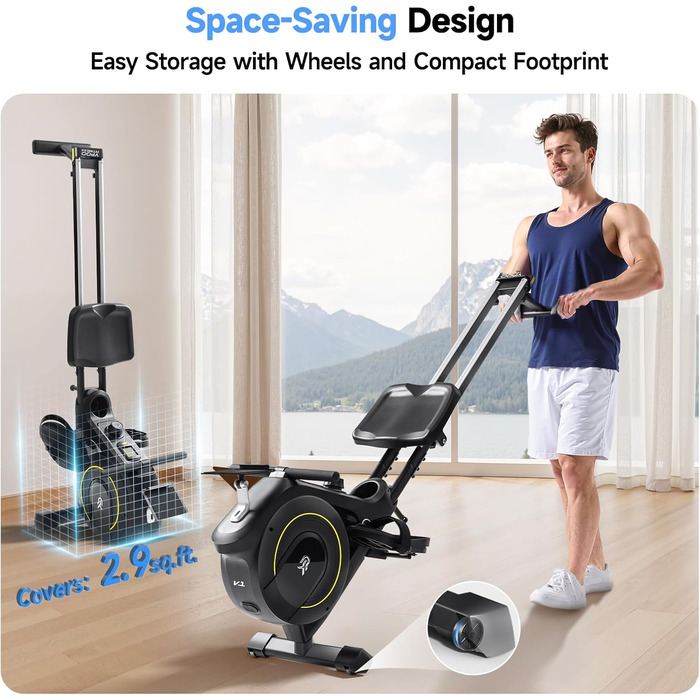 YPOO Гребний тренажер, магнітний тренажер для дому, 16 рівнів тихих налаштувань опору, подвійний направляючий рейк, максимальне навантаження 158.8 кг, сумісний з додатком