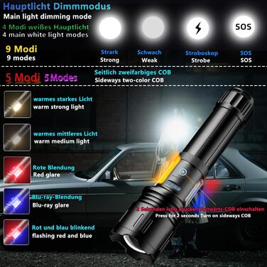 LED ліхтарик ASORT L2: тактичний, 9 режимів, COB, USB, водонепроникний IPX6, для кемпінгу, риболовлі та активного відпочинку